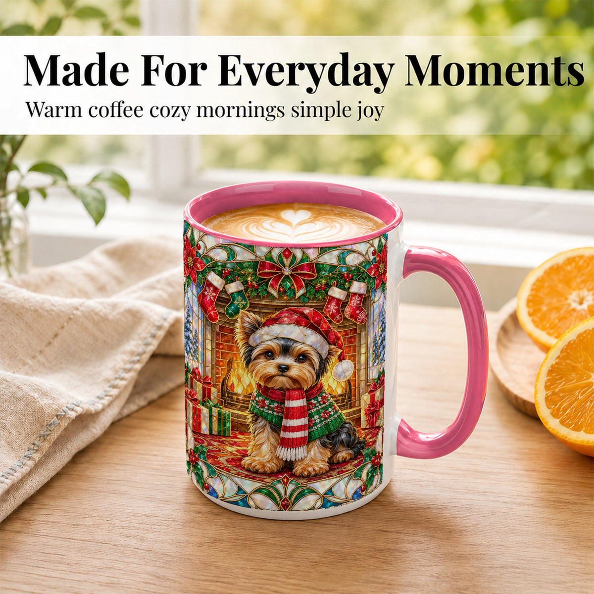 #pl[15oz|Pink] Yorkie Christmas Coffee Mug, Stained Glass Style Dog Mug, Ceramic Cup