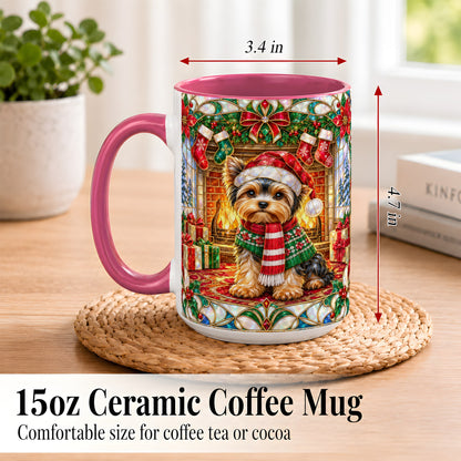 #pl[15oz|Pink] Yorkie Christmas Coffee Mug, Stained Glass Style Dog Mug, Ceramic Cup
