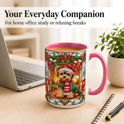 #pl[15oz|Pink] Yorkie Christmas Coffee Mug, Stained Glass Style Dog Mug, Ceramic Cup