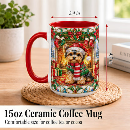 #pl[15oz|Red] Yorkie Christmas Coffee Mug, Stained Glass Style Dog Mug, Ceramic Cup