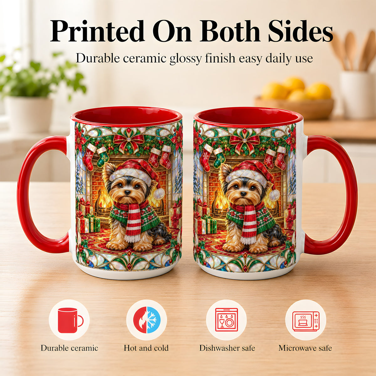 #pl[15oz|Red] Yorkie Christmas Coffee Mug, Stained Glass Style Dog Mug, Ceramic Cup