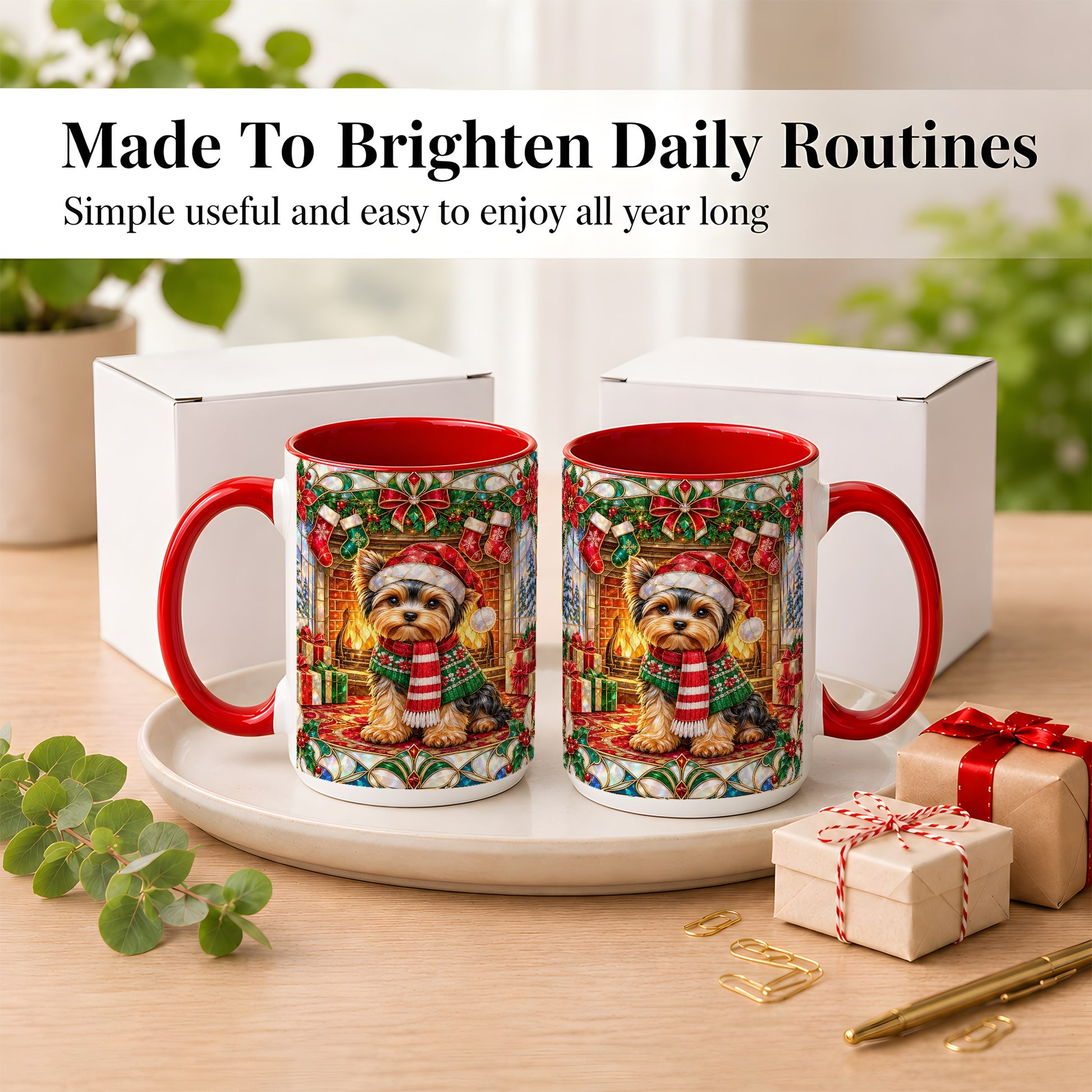 #pl[15oz|Red] Yorkie Christmas Coffee Mug, Stained Glass Style Dog Mug, Ceramic Cup