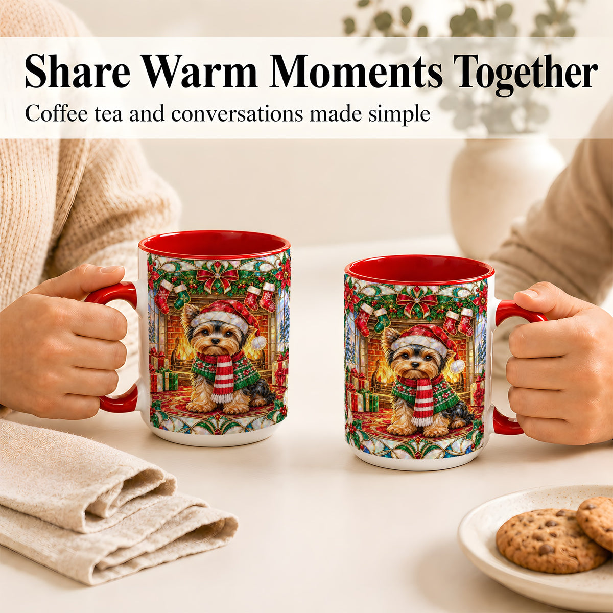#pl[15oz|Red] Yorkie Christmas Coffee Mug, Stained Glass Style Dog Mug, Ceramic Cup