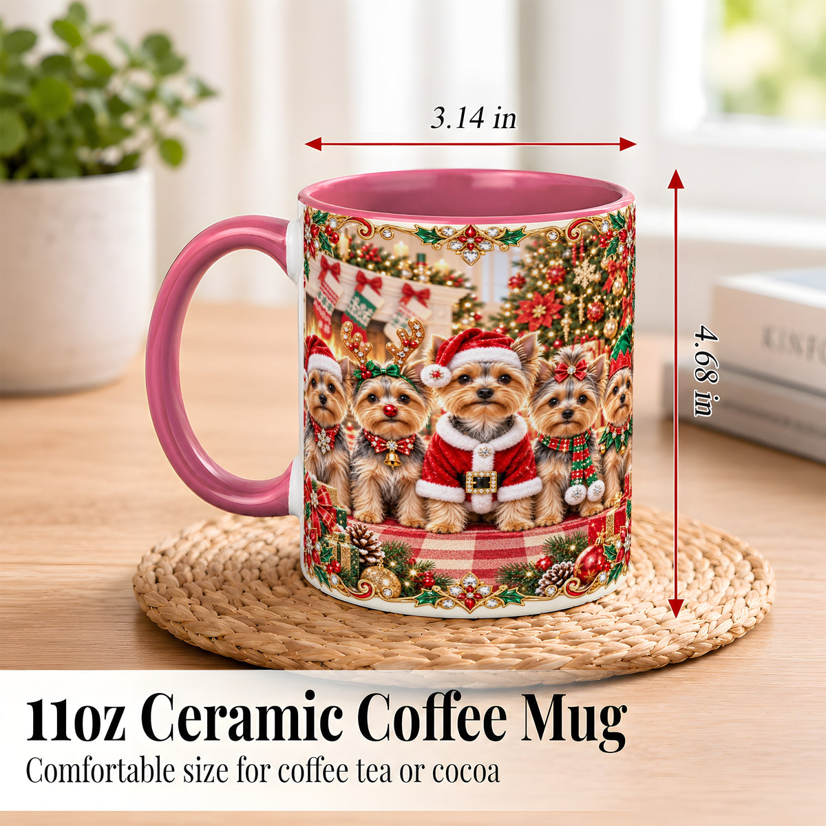 #pl[11oz|Pink] Yorkie Christmas Coffee Mug, Holiday Dog Family Mug, Ceramic Cup