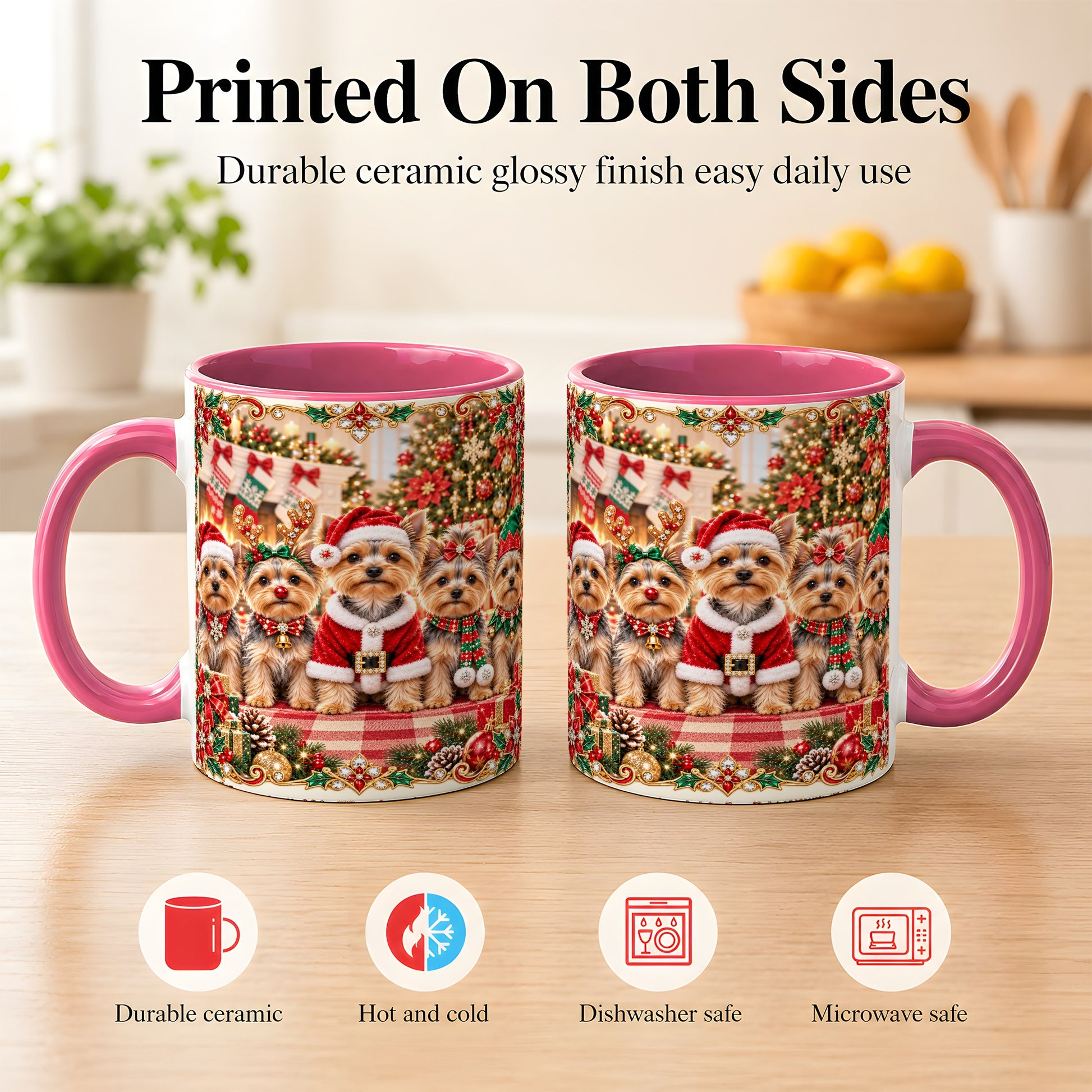 #pl[11oz|Pink] Yorkie Christmas Coffee Mug, Holiday Dog Family Mug, Ceramic Cup