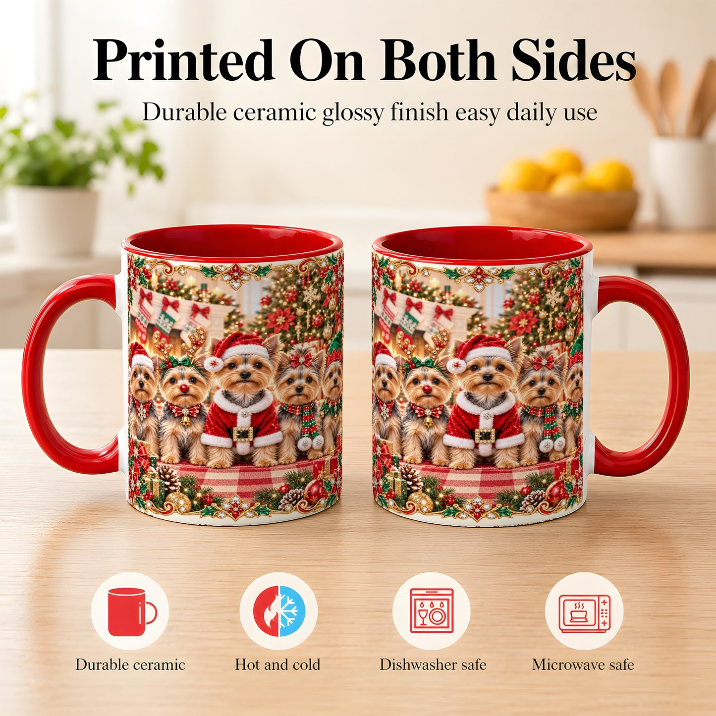 #pl[11oz|Red] Yorkie Christmas Coffee Mug, Holiday Dog Family Mug, Ceramic Cup