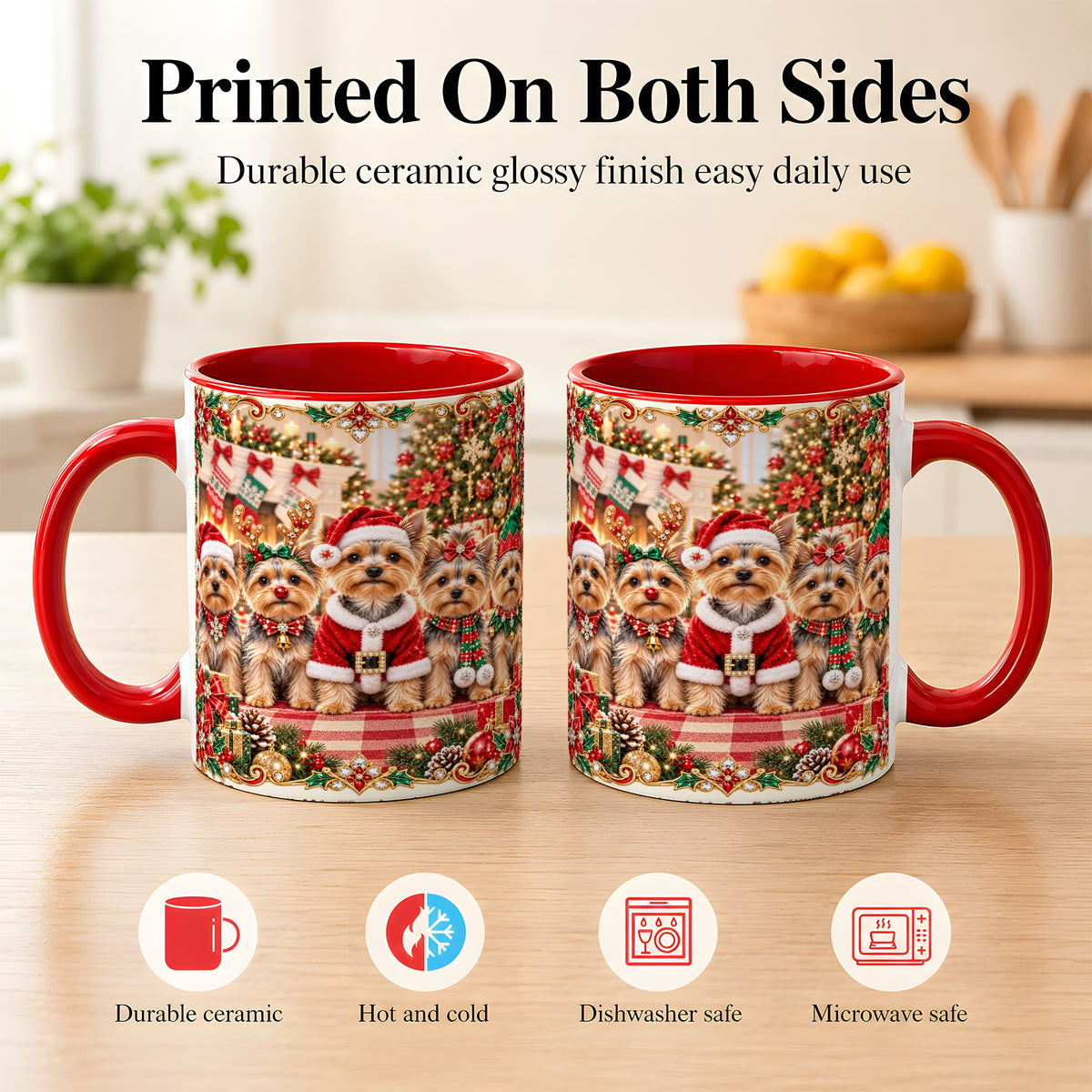#pl[11oz|Red] Yorkie Christmas Coffee Mug, Holiday Dog Family Mug, Ceramic Cup