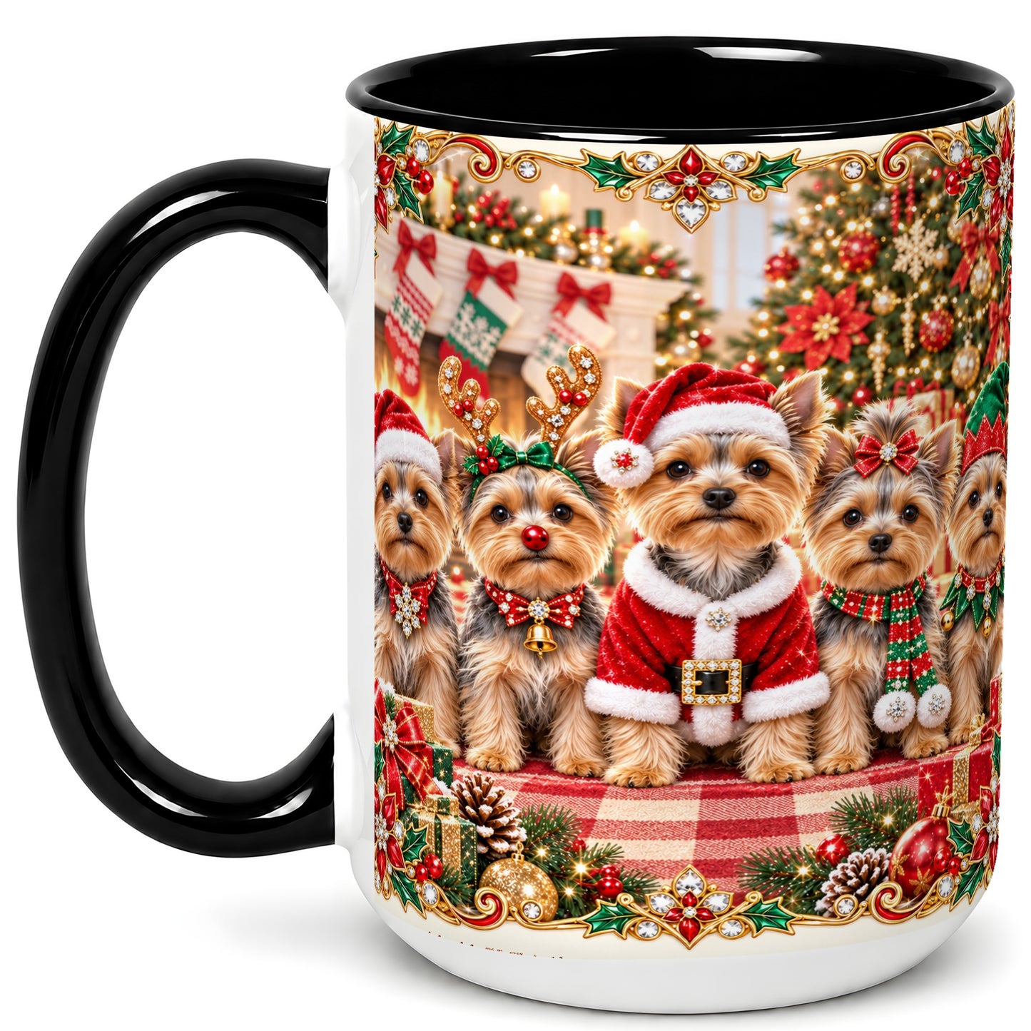 #pl[15oz|Black] Yorkie Christmas Coffee Mug, Holiday Dog Family Mug, Ceramic Cup