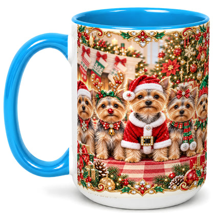#pl[15oz|Blue] Yorkie Christmas Coffee Mug, Holiday Dog Family Mug, Ceramic Cup