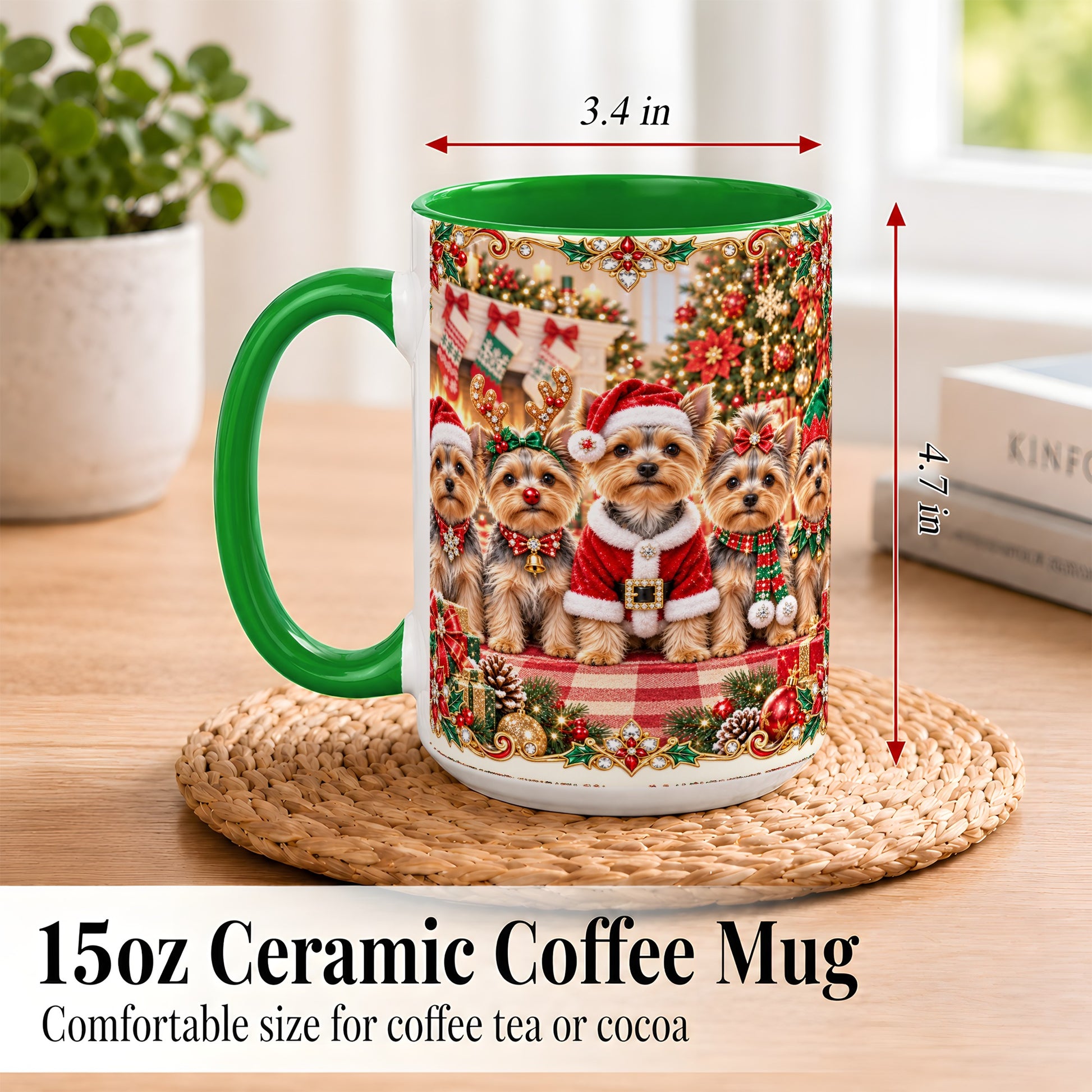#pl[15oz|Green] Yorkie Christmas Coffee Mug, Holiday Dog Family Mug, Ceramic Cup