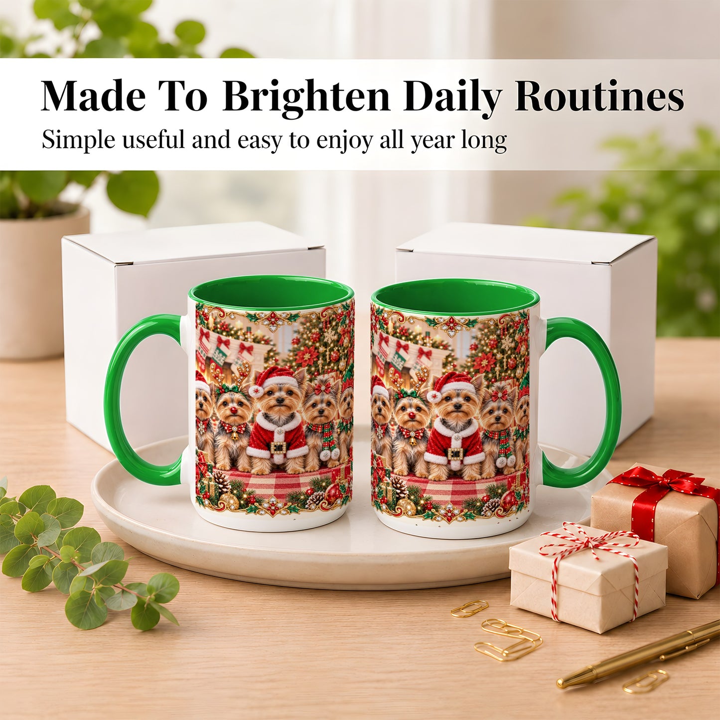 #pl[15oz|Green] Yorkie Christmas Coffee Mug, Holiday Dog Family Mug, Ceramic Cup