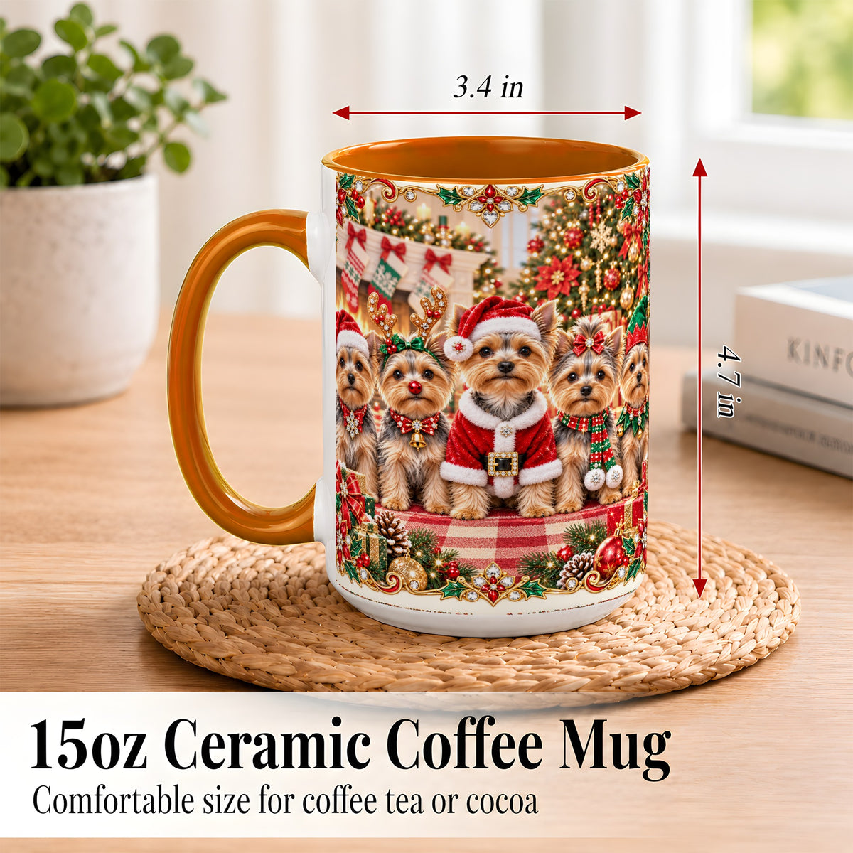 #pl[15oz|Orange] Yorkie Christmas Coffee Mug, Holiday Dog Family Mug, Ceramic Cup