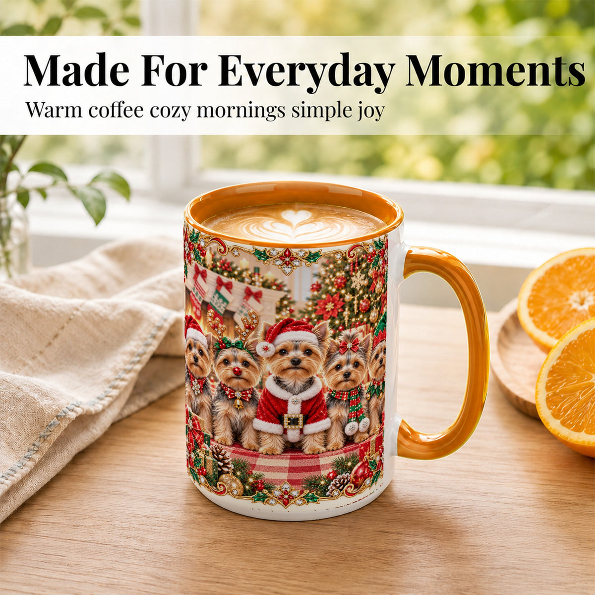 #pl[15oz|Orange] Yorkie Christmas Coffee Mug, Holiday Dog Family Mug, Ceramic Cup
