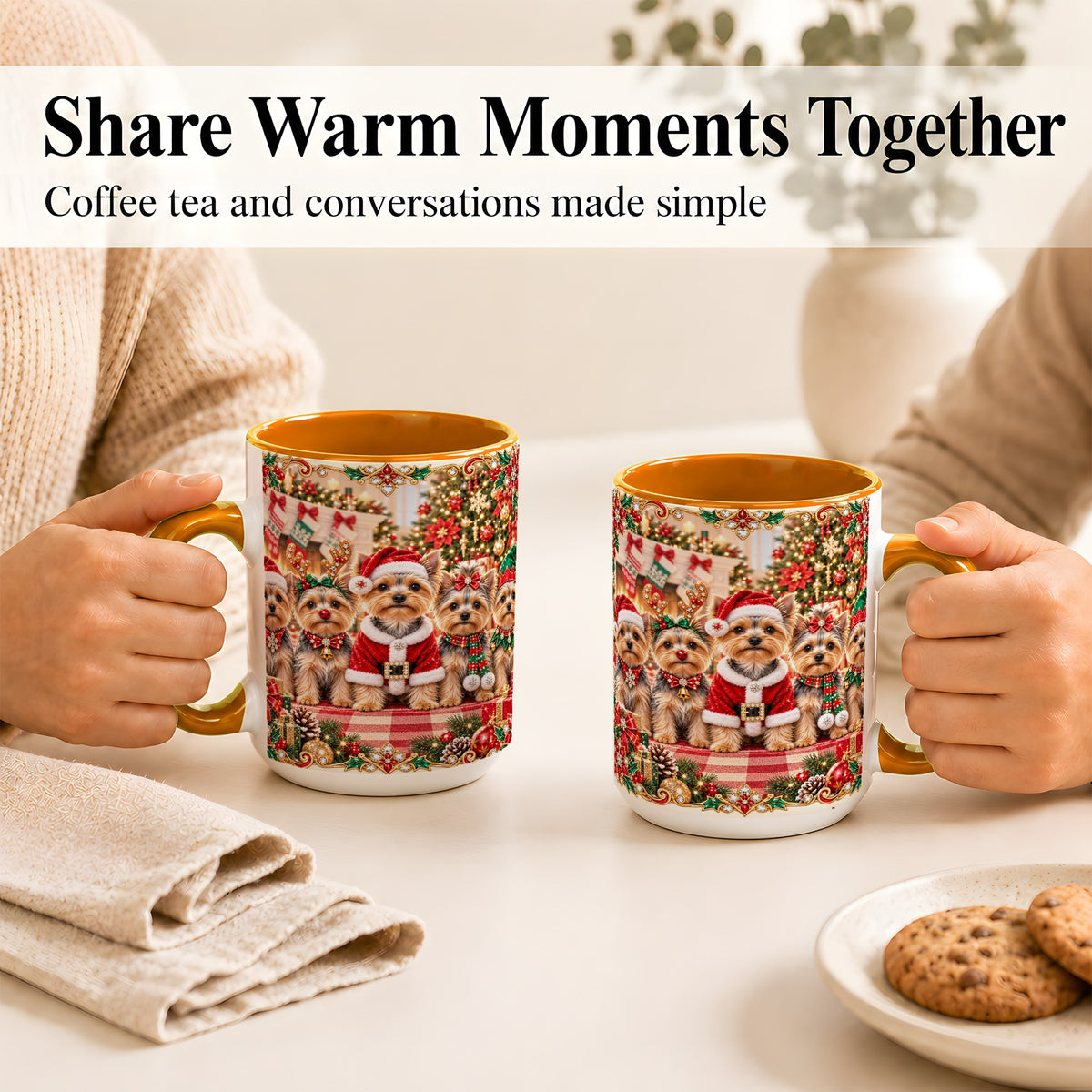 #pl[15oz|Orange] Yorkie Christmas Coffee Mug, Holiday Dog Family Mug, Ceramic Cup