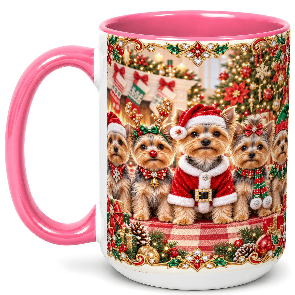 #pl[15oz|Pink] Yorkie Christmas Coffee Mug, Holiday Dog Family Mug, Ceramic Cup