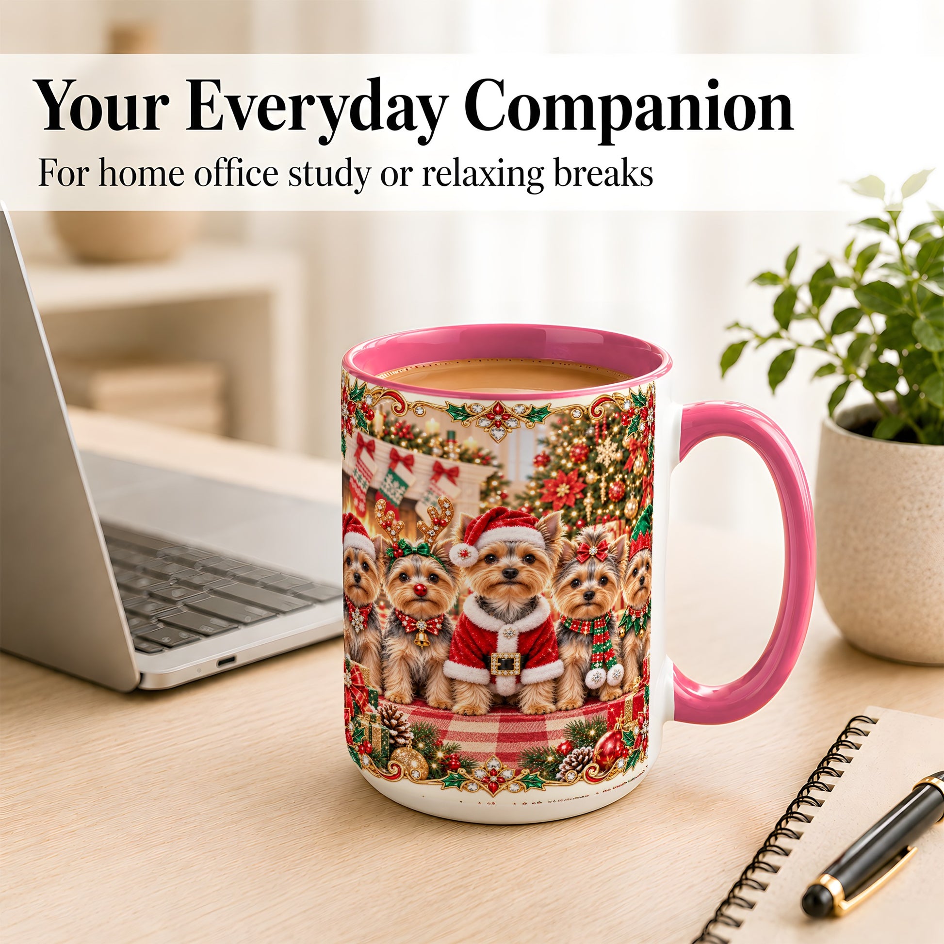 #pl[15oz|Pink] Yorkie Christmas Coffee Mug, Holiday Dog Family Mug, Ceramic Cup