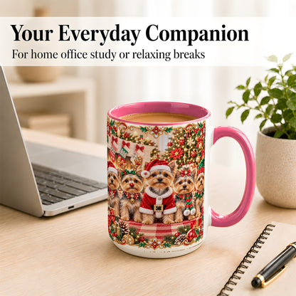 #pl[15oz|Pink] Yorkie Christmas Coffee Mug, Holiday Dog Family Mug, Ceramic Cup
