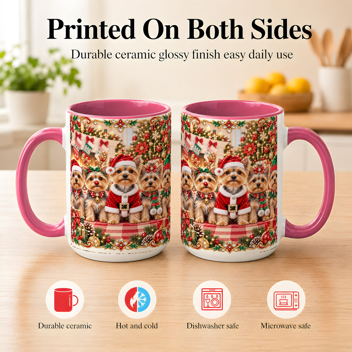 #pl[15oz|Pink] Yorkie Christmas Coffee Mug, Holiday Dog Family Mug, Ceramic Cup