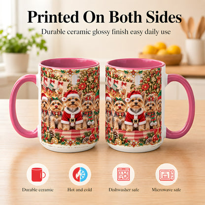 #pl[15oz|Pink] Yorkie Christmas Coffee Mug, Holiday Dog Family Mug, Ceramic Cup