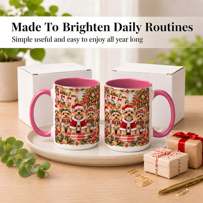 #pl[15oz|Pink] Yorkie Christmas Coffee Mug, Holiday Dog Family Mug, Ceramic Cup