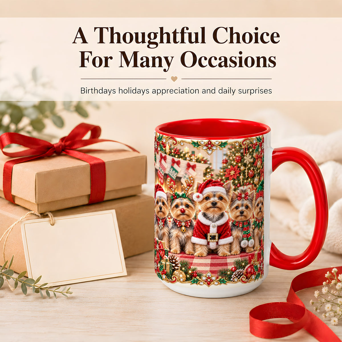 #pl[15oz|Red] Yorkie Christmas Coffee Mug, Holiday Dog Family Mug, Ceramic Cup