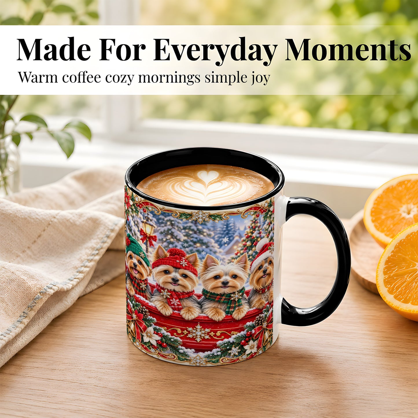 #pl[11oz|Black] Yorkie Christmas Coffee Mug, Snowy Holiday Dog Mug, Ceramic Cup