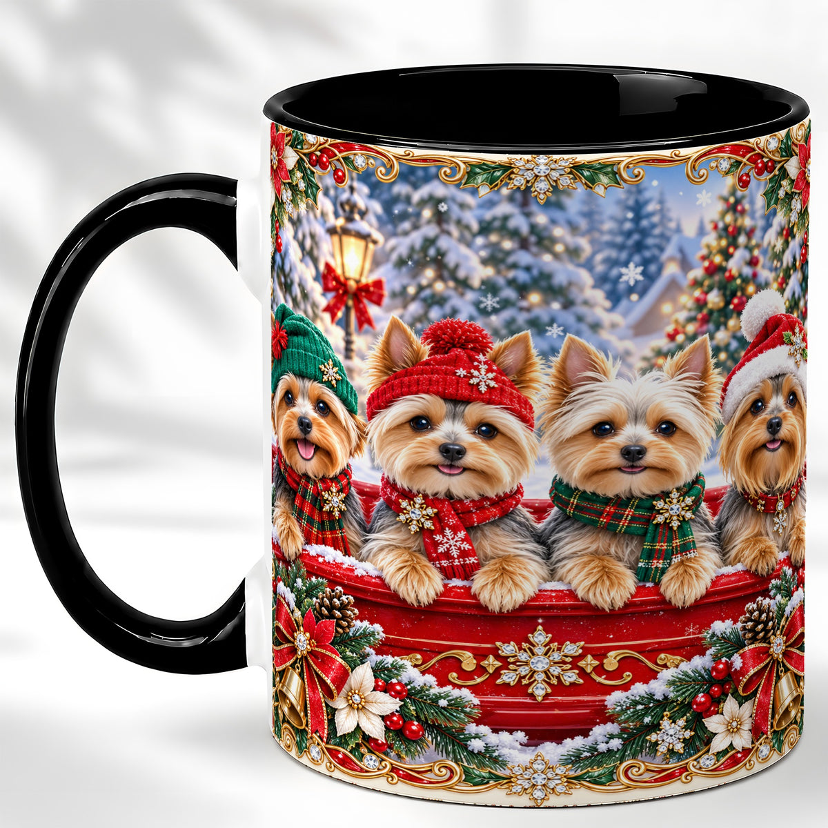 #pl[11oz|Black] Yorkie Christmas Coffee Mug, Snowy Holiday Dog Mug, Ceramic Cup