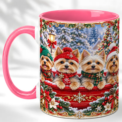 #pl[11oz|Pink] Yorkie Christmas Coffee Mug, Snowy Holiday Dog Mug, Ceramic Cup