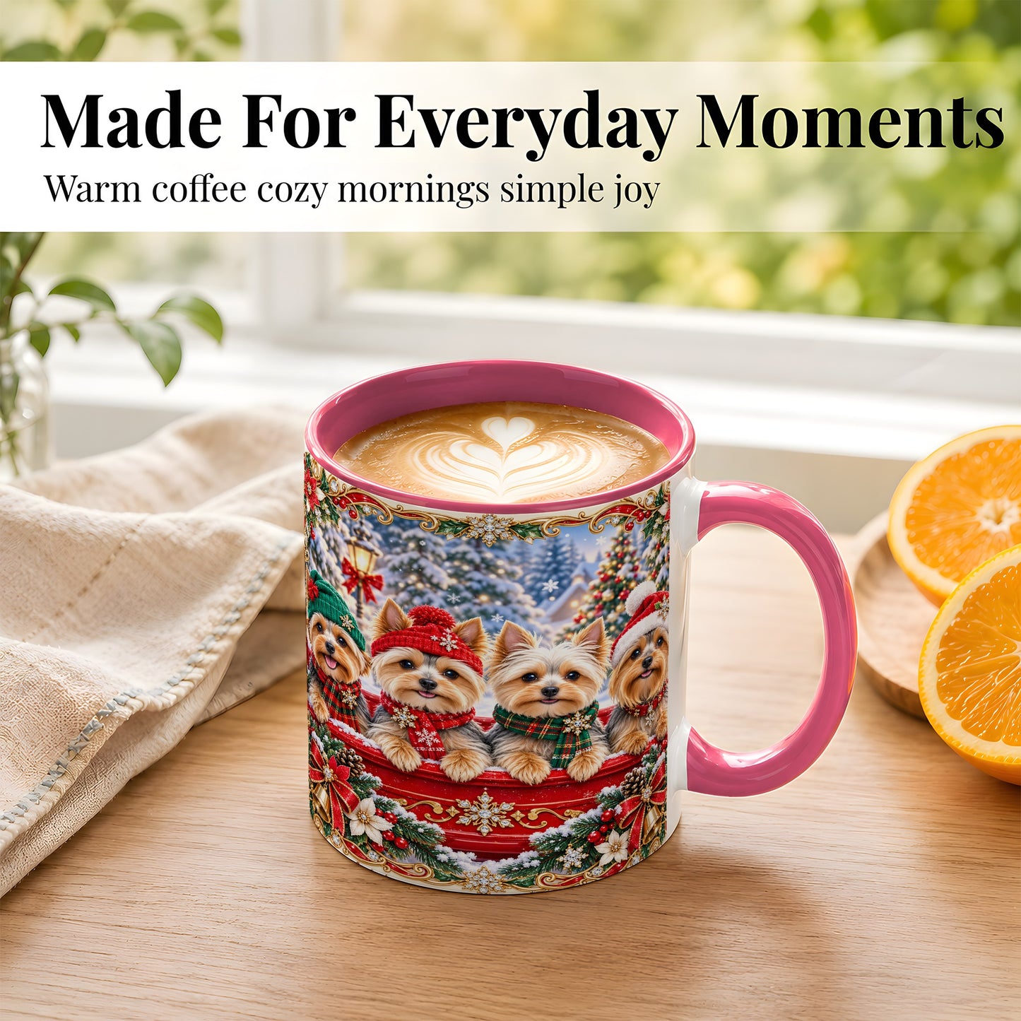 #pl[11oz|Pink] Yorkie Christmas Coffee Mug, Snowy Holiday Dog Mug, Ceramic Cup