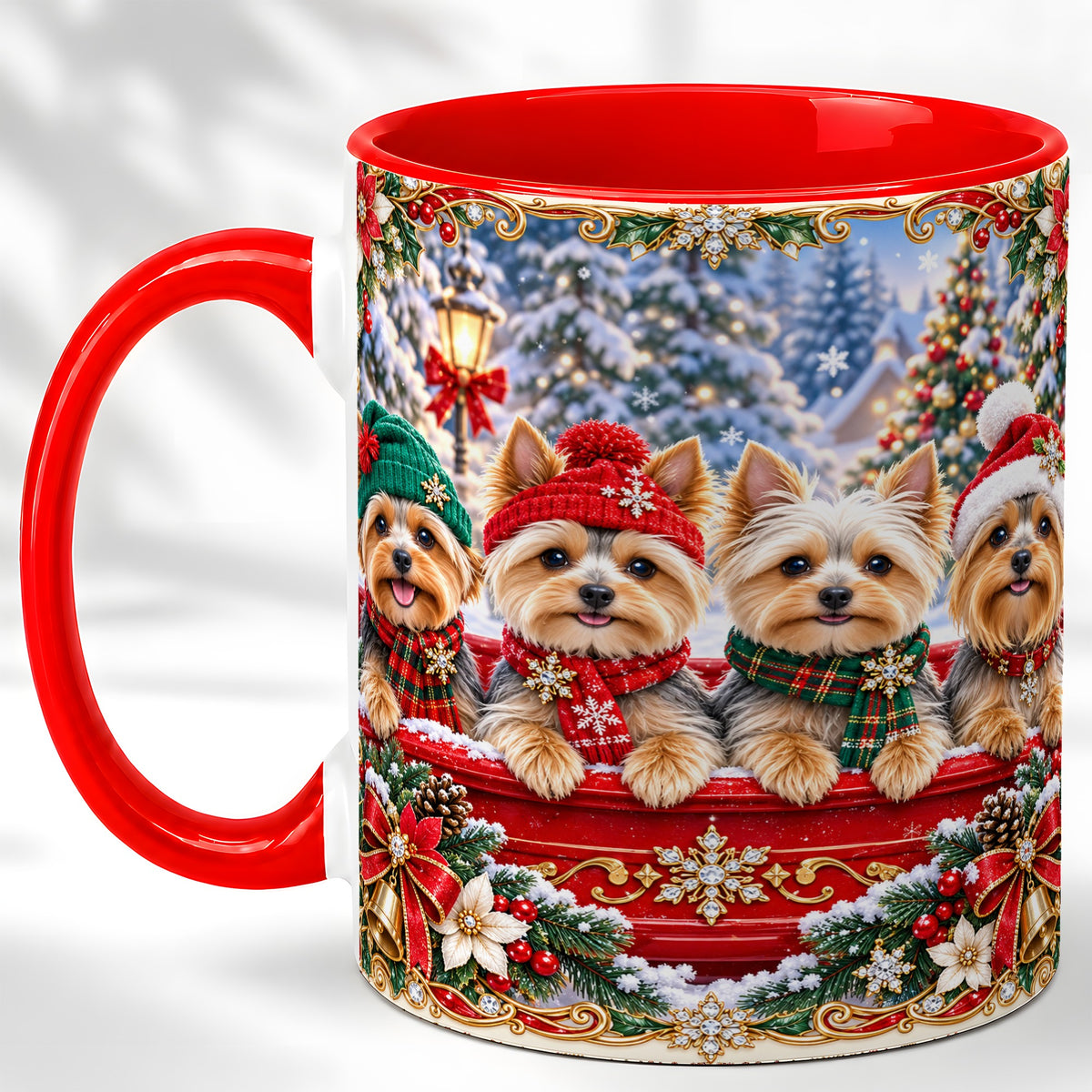Yorkie Christmas Coffee Mug, Snowy Holiday Dog Mug, Ceramic Cup