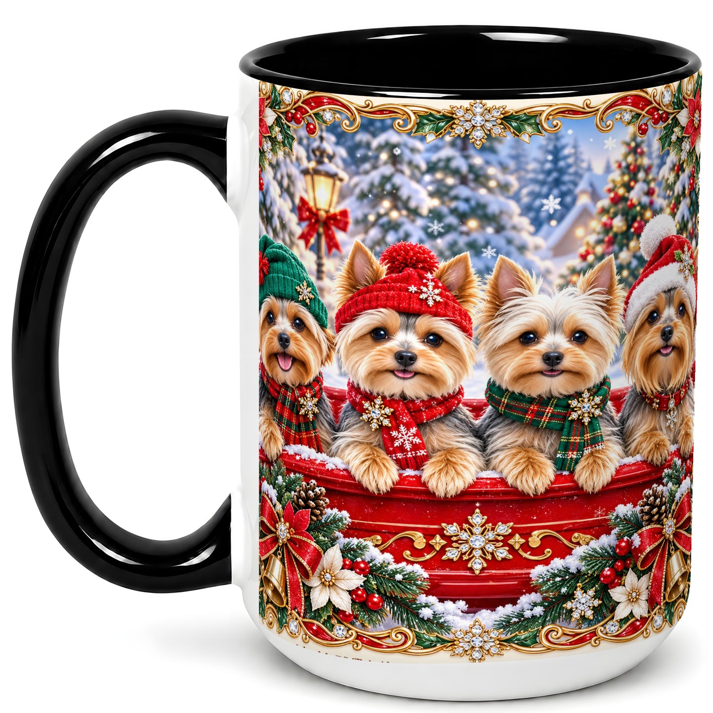 #pl[15oz|Black] Yorkie Christmas Coffee Mug, Snowy Holiday Dog Mug, Ceramic Cup
