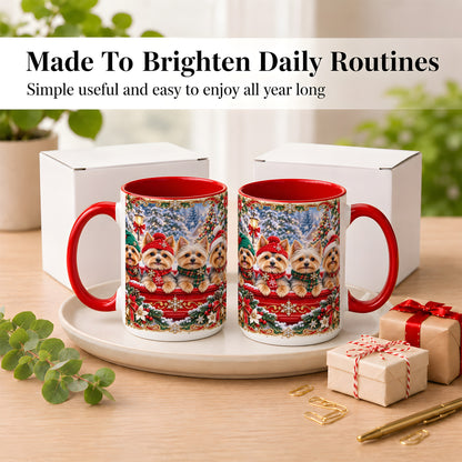 #pl[15oz|Red] Yorkie Christmas Coffee Mug, Snowy Holiday Dog Mug, Ceramic Cup