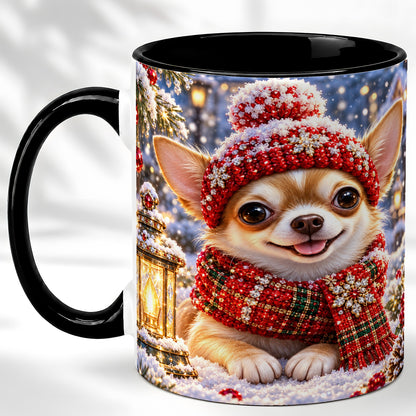 #pl[11oz|Black] Christmas Chihuahua Coffee Mug, Winter Dog Mug, Ceramic Cup