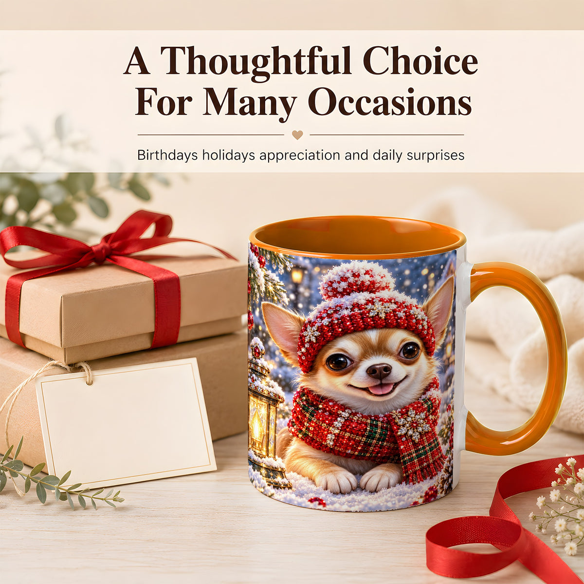 #pl[11oz|Orange] Christmas Chihuahua Coffee Mug, Winter Dog Mug, Ceramic Cup