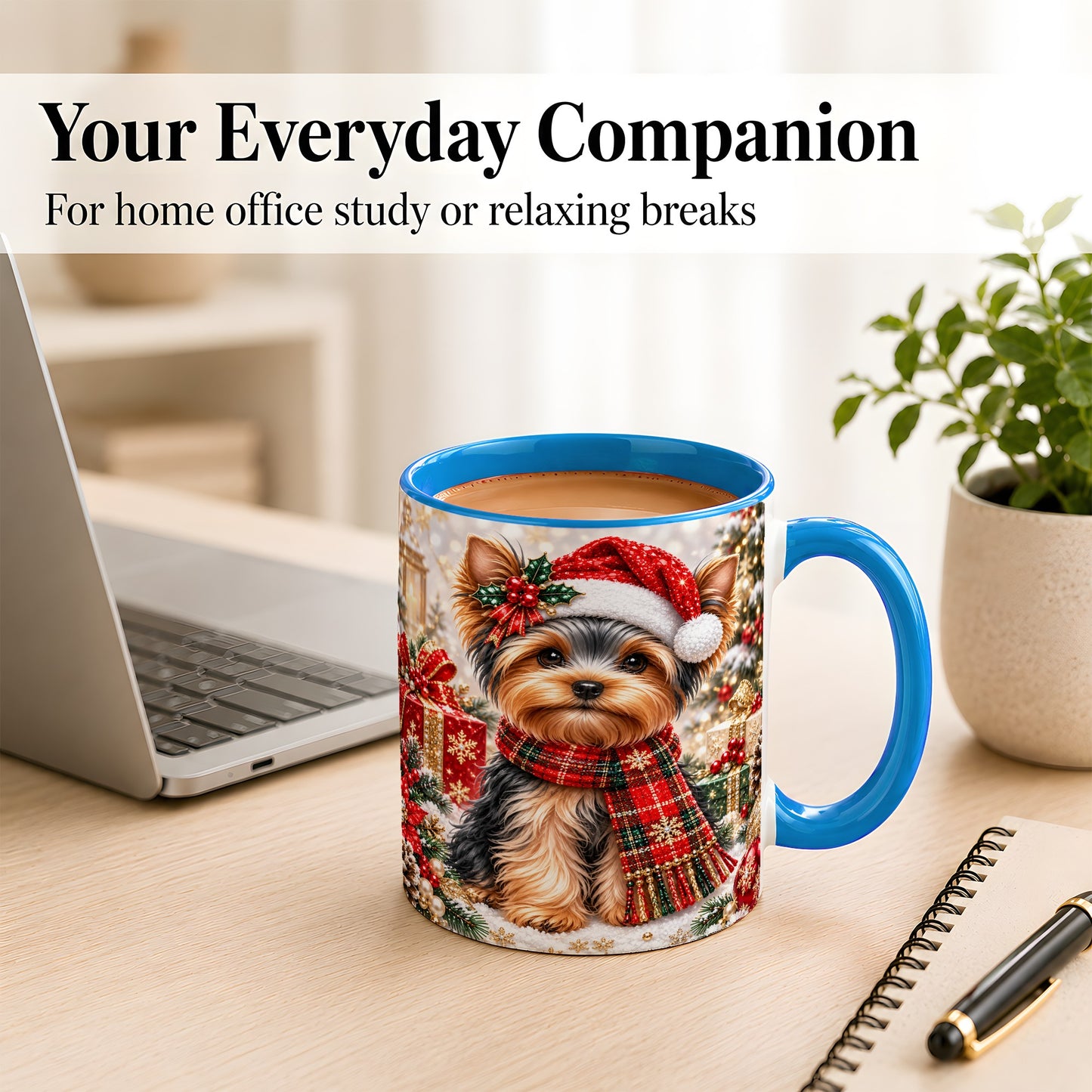 #pl[11oz|Blue] Christmas Yorkie Coffee Mug, Santa Dog Mug, Ceramic Cup