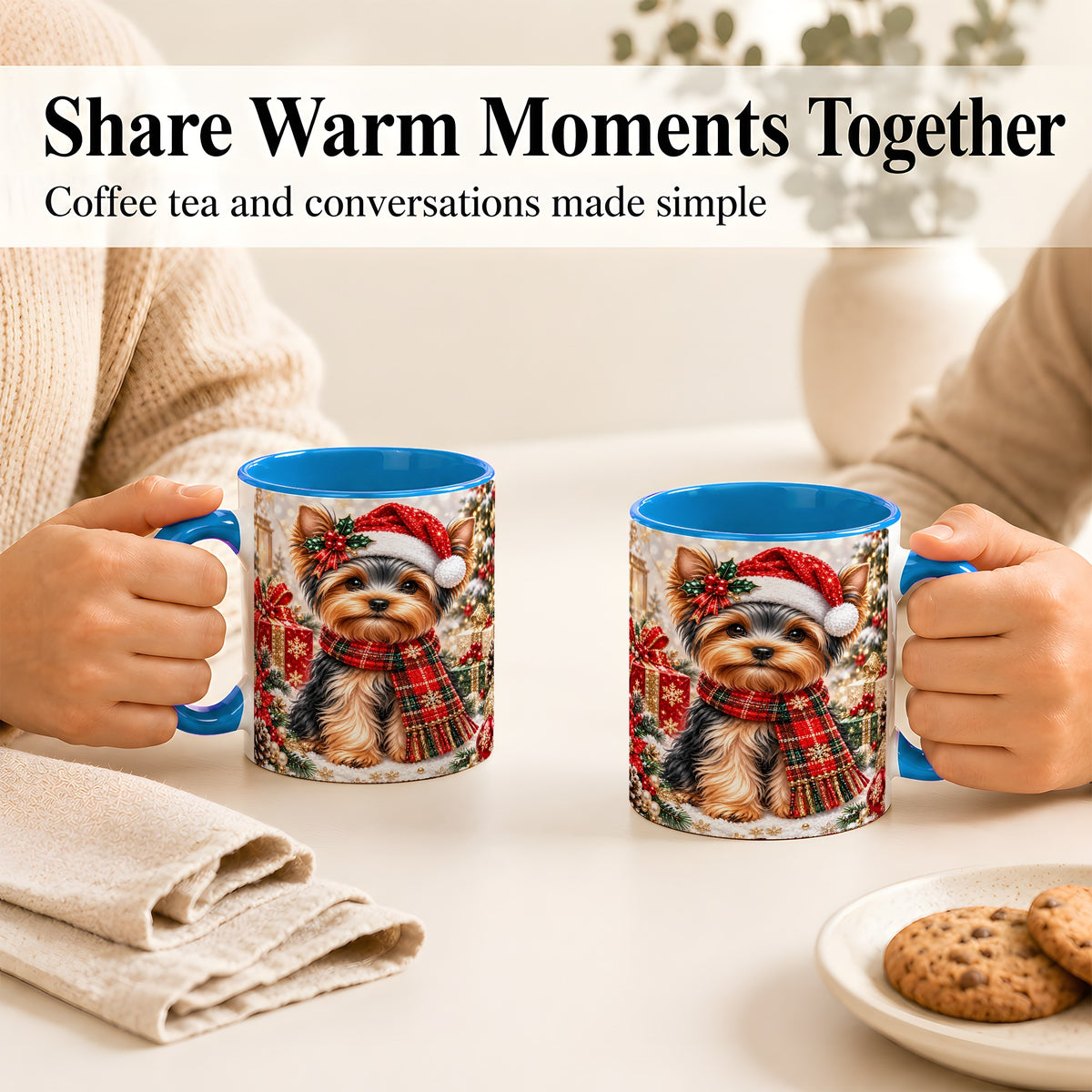 #pl[11oz|Blue] Christmas Yorkie Coffee Mug, Santa Dog Mug, Ceramic Cup