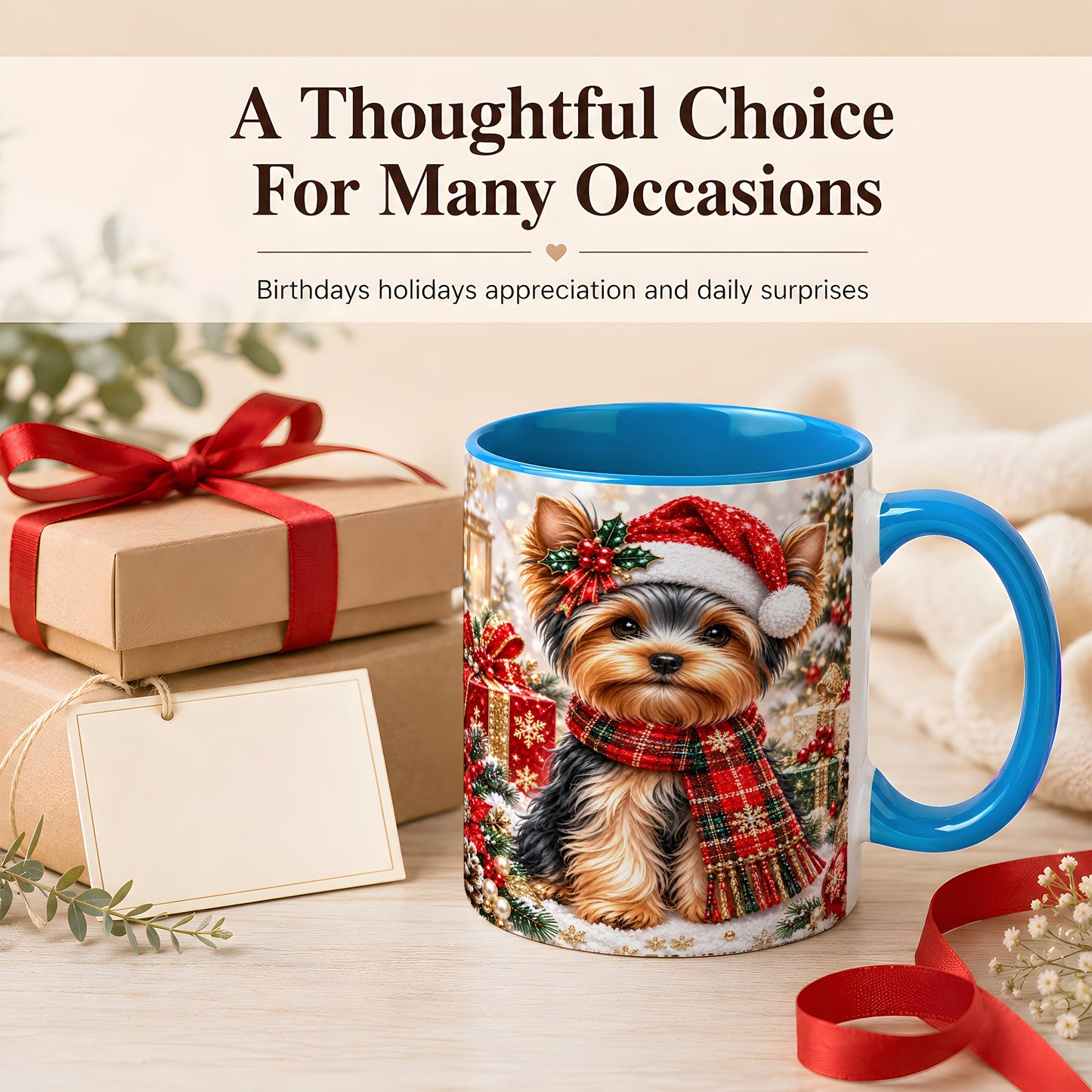 #pl[11oz|Blue] Christmas Yorkie Coffee Mug, Santa Dog Mug, Ceramic Cup