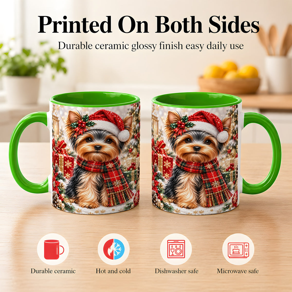 #pl[11oz|Green] Christmas Yorkie Coffee Mug, Santa Dog Mug, Ceramic Cup