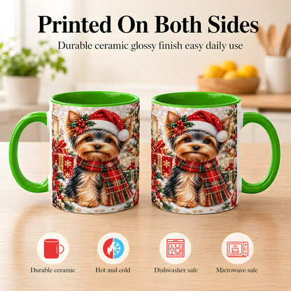 #pl[11oz|Green] Christmas Yorkie Coffee Mug, Santa Dog Mug, Ceramic Cup