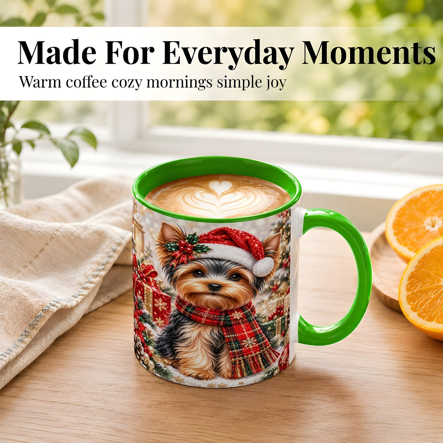 #pl[11oz|Green] Christmas Yorkie Coffee Mug, Santa Dog Mug, Ceramic Cup