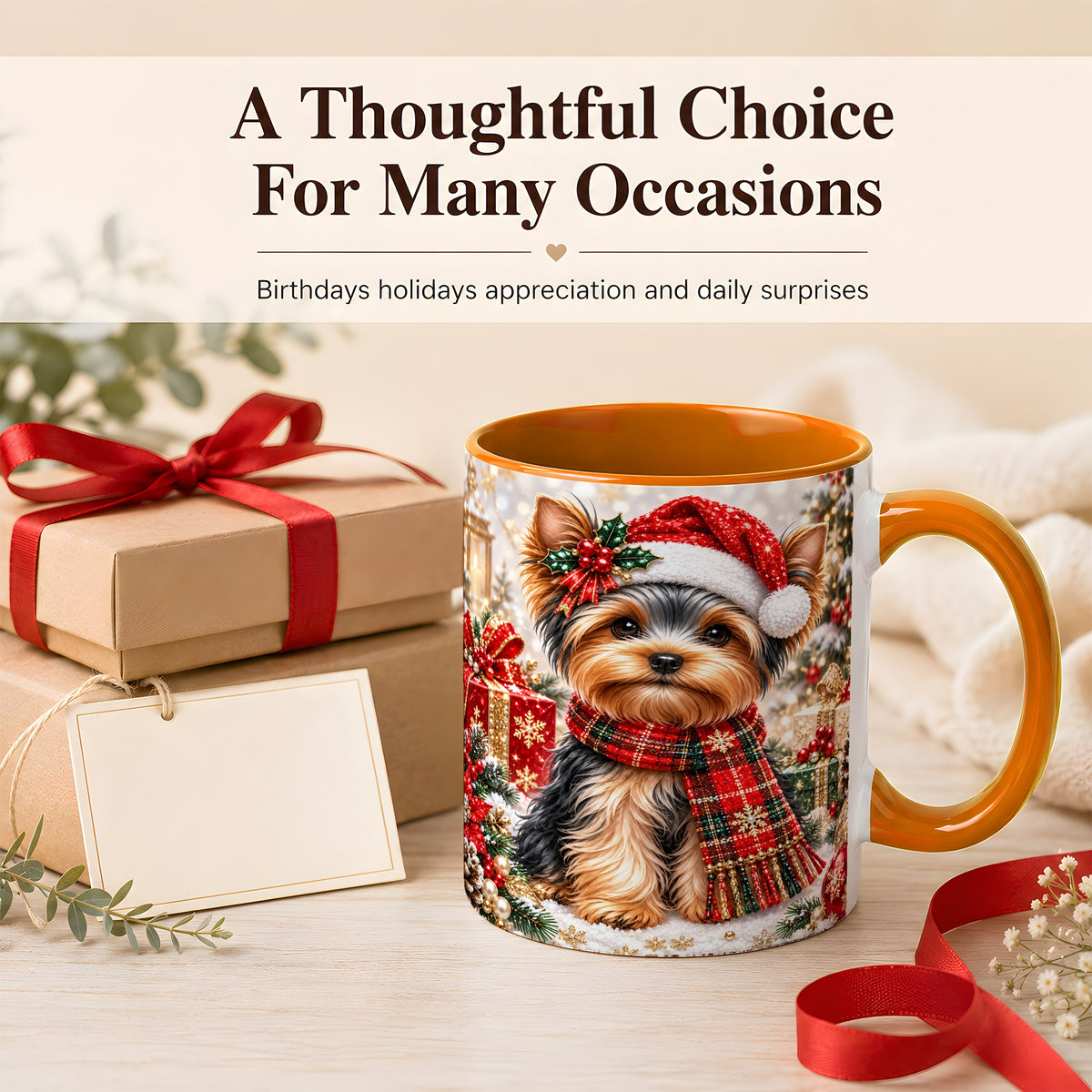 #pl[11oz|Orange] Christmas Yorkie Coffee Mug, Santa Dog Mug, Ceramic Cup