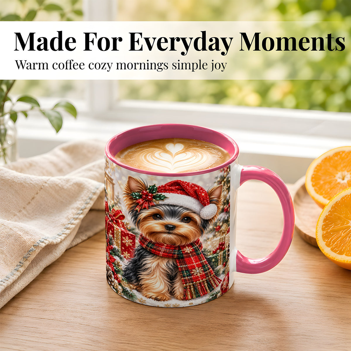 #pl[11oz|Pink] Christmas Yorkie Coffee Mug, Santa Dog Mug, Ceramic Cup