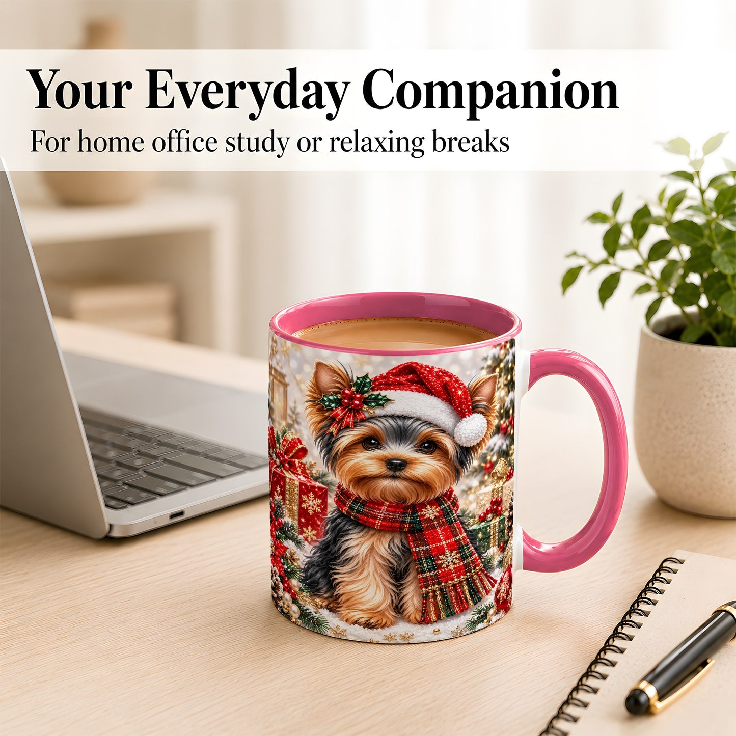 #pl[11oz|Pink] Christmas Yorkie Coffee Mug, Santa Dog Mug, Ceramic Cup