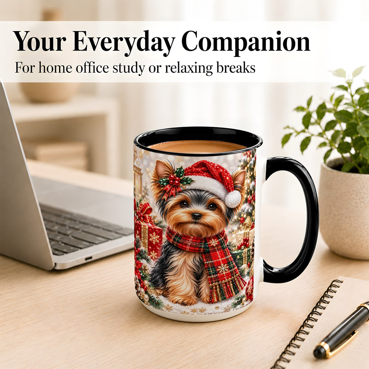#pl[15oz|Black] Christmas Yorkie Coffee Mug, Santa Dog Mug, Ceramic Cup