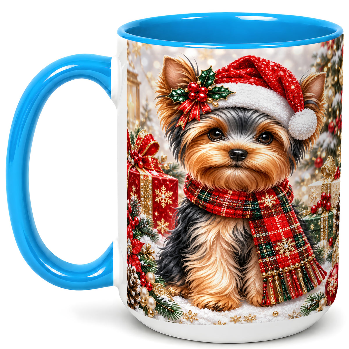 #pl[15oz|Blue] Christmas Yorkie Coffee Mug, Santa Dog Mug, Ceramic Cup