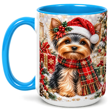 #pl[15oz|Blue] Christmas Yorkie Coffee Mug, Santa Dog Mug, Ceramic Cup