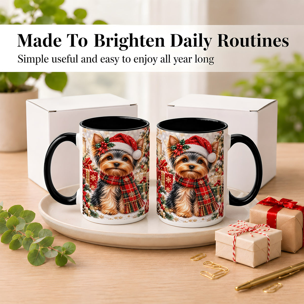 #pl[15oz|Black] Christmas Yorkie Coffee Mug, Santa Dog Mug, Ceramic Cup