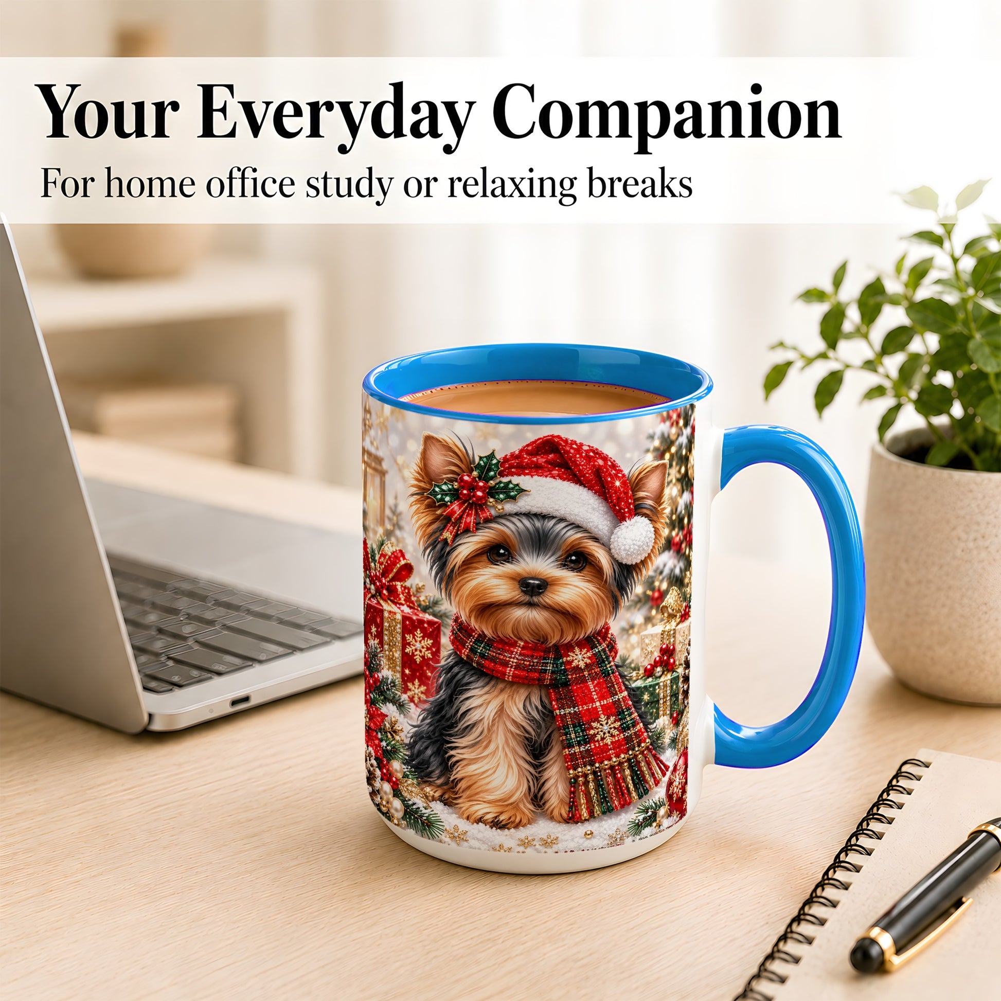 #pl[15oz|Blue] Christmas Yorkie Coffee Mug, Santa Dog Mug, Ceramic Cup