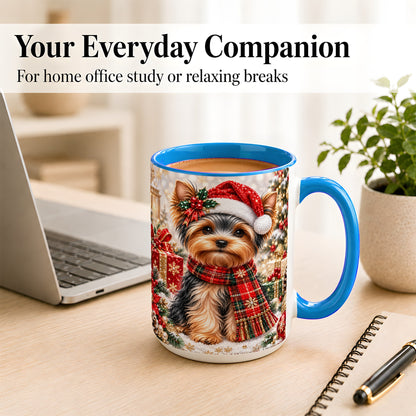 #pl[15oz|Blue] Christmas Yorkie Coffee Mug, Santa Dog Mug, Ceramic Cup