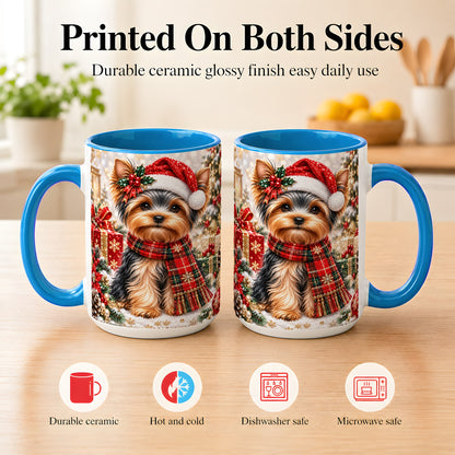 #pl[15oz|Blue] Christmas Yorkie Coffee Mug, Santa Dog Mug, Ceramic Cup
